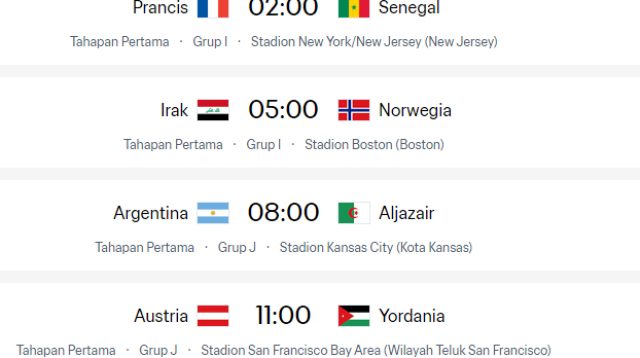 Jadwal Lengkap Piala Dunia 2026 Rabu 17 Juni 2026