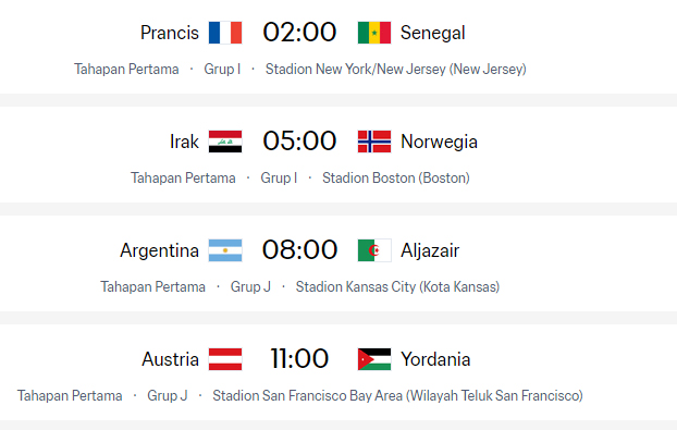 Jadwal Lengkap Piala Dunia 2026 Rabu 17 Juni 2026