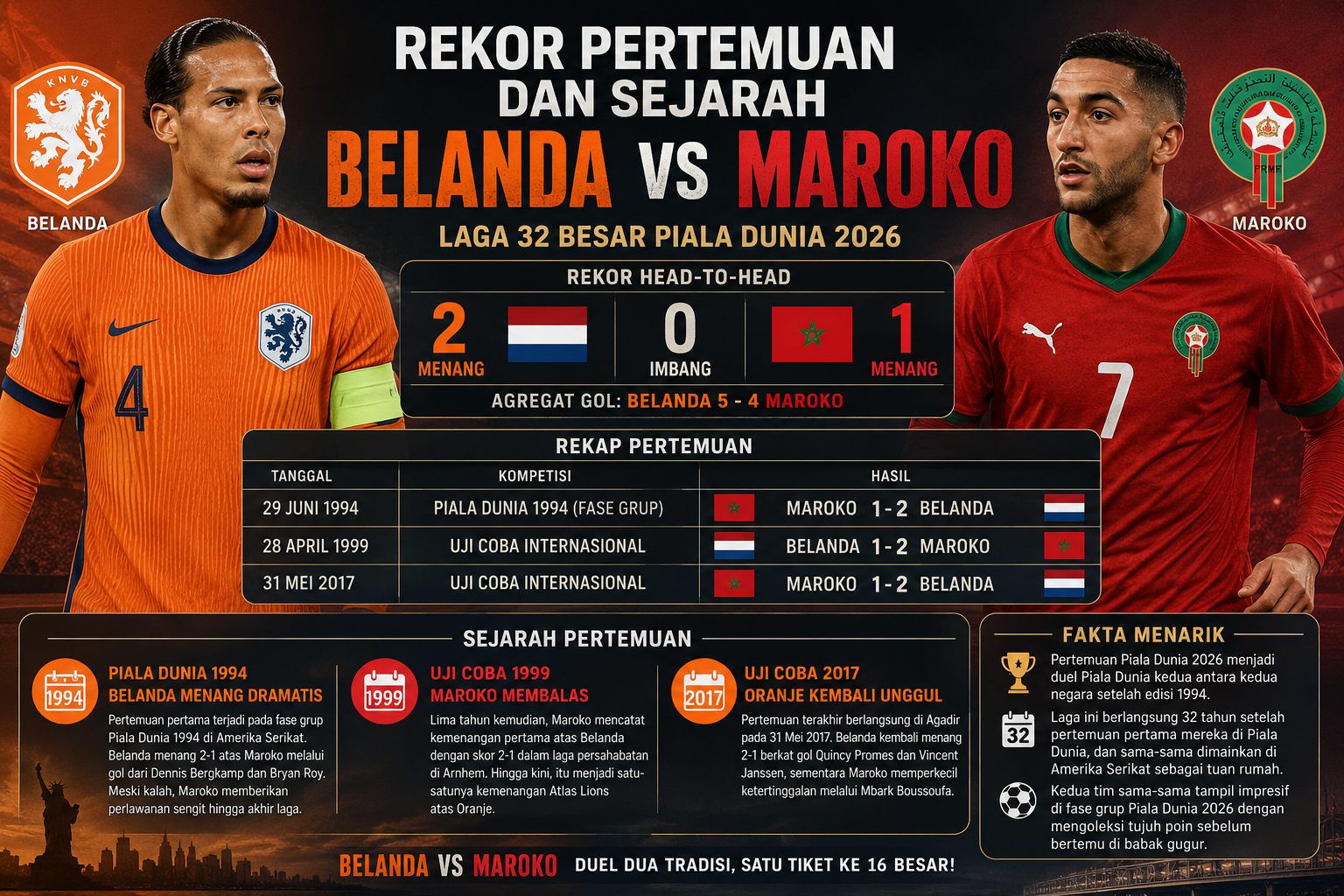 Rekor Pertemuan dan Sejarah Belanda vs Maroko
