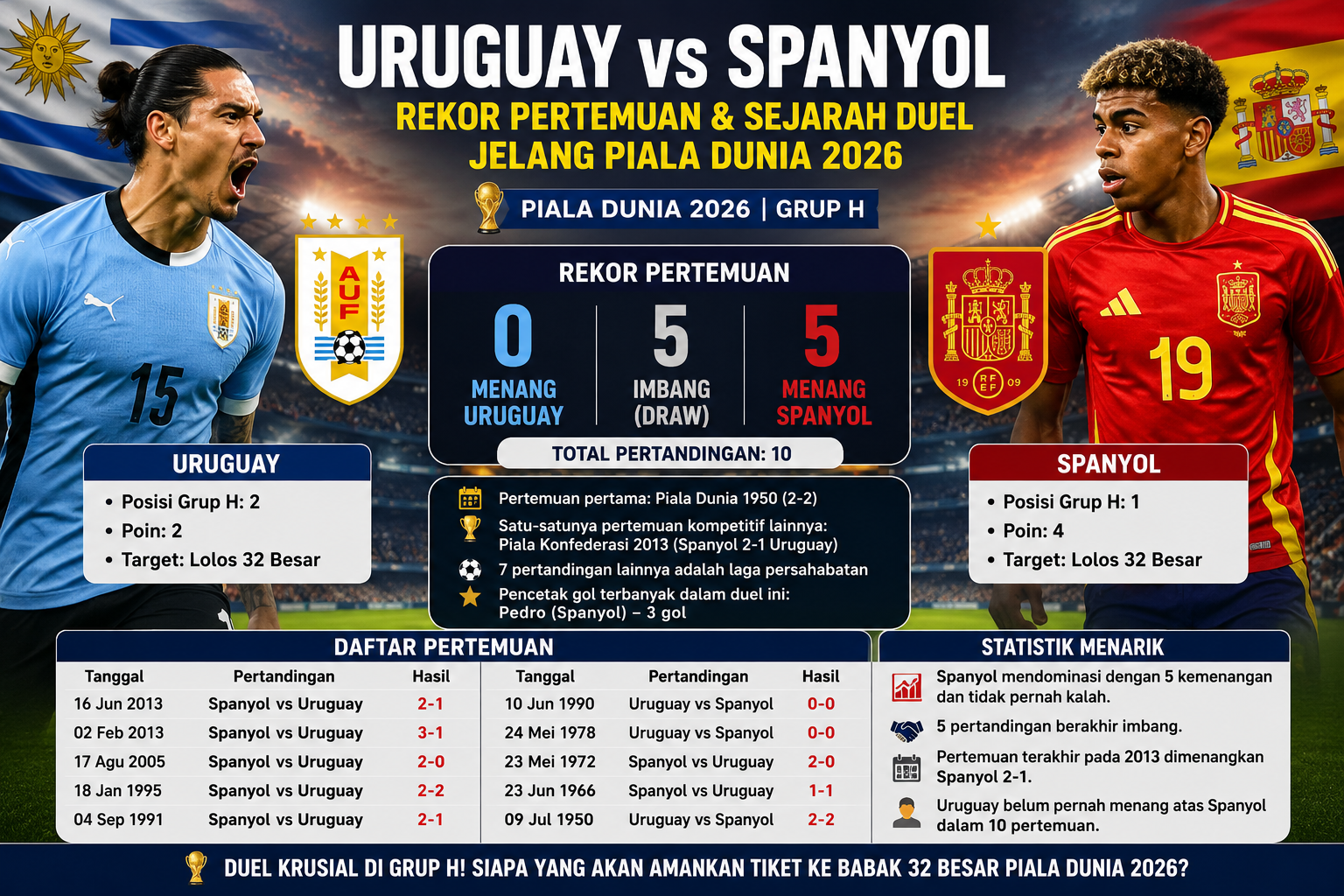 Rekor Pertemuan dan Sejarah Uruguay vs Spanyol Jelang Duel