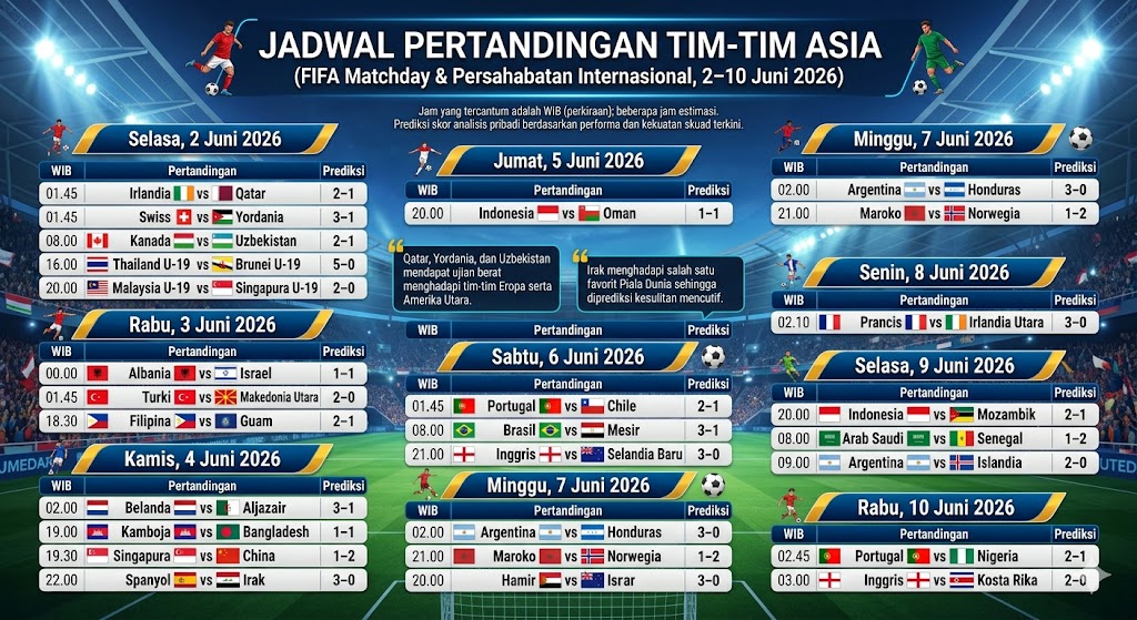 Berikut jadwal pertandingan tim-tim Asia Serta Prediksi Skornya
