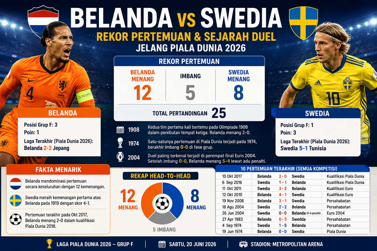 Rekor Pertemuan dan Sejarah Belanda vs Swedia