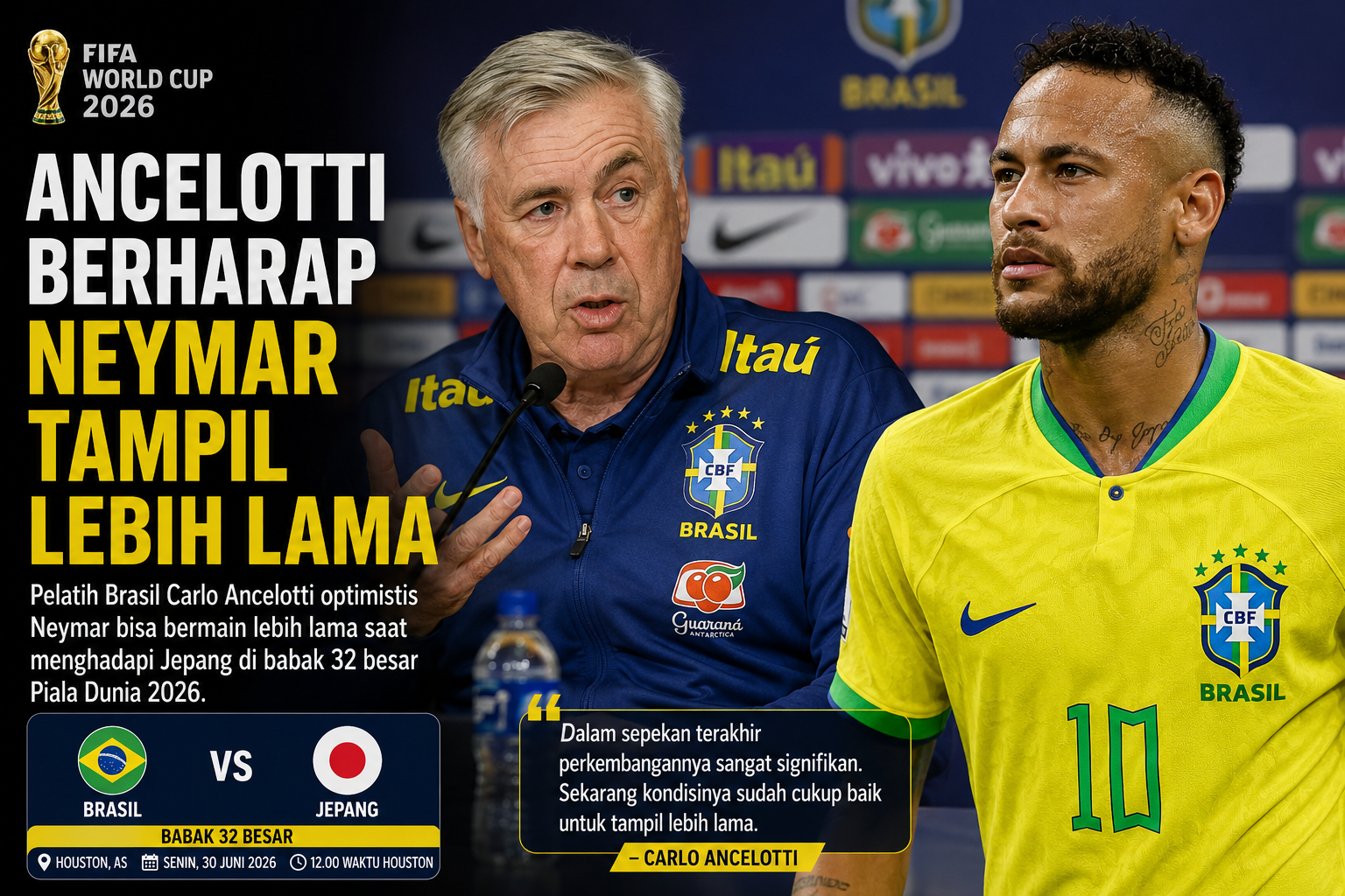 Ancelotti berharap Neymar tampil lebih lama, Pelatih Brasil Carlo Ancelotti berharap bisa memainkan Neymar lebih lama saat menghadapi Jepang pada babak 32 besar