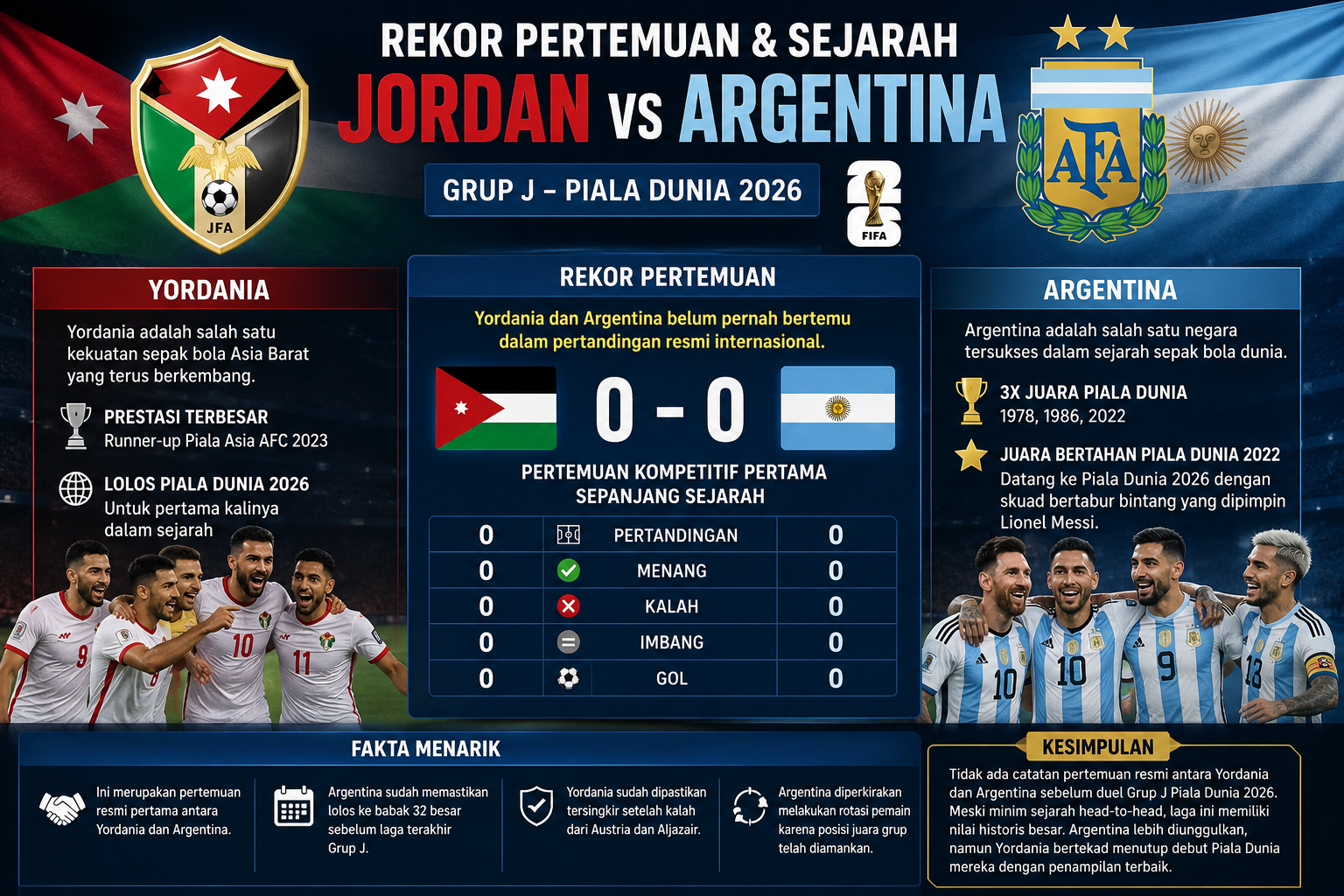 Rekor Pertemuan dan Sejarah  Yordania vs Argentina