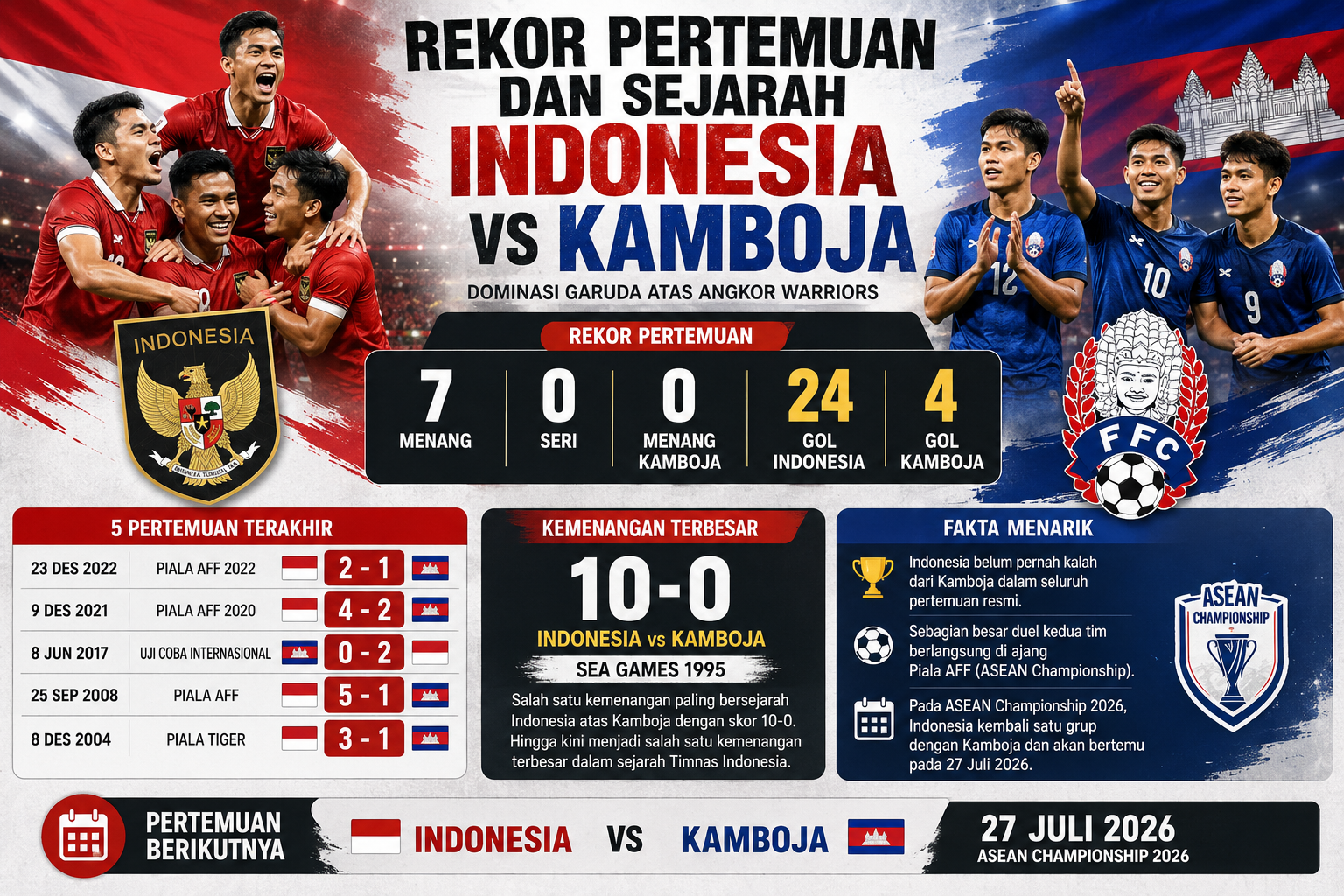 Rekor Pertemuan dan Sejarah Indonesia vs Kamboja
