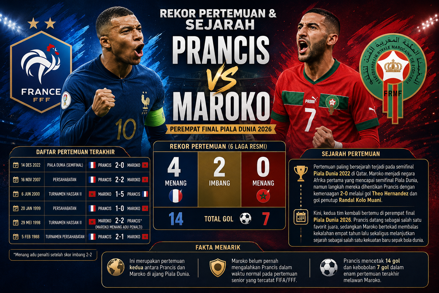 Rekor Pertemuan dan Sejarah Prancis vs Maroko