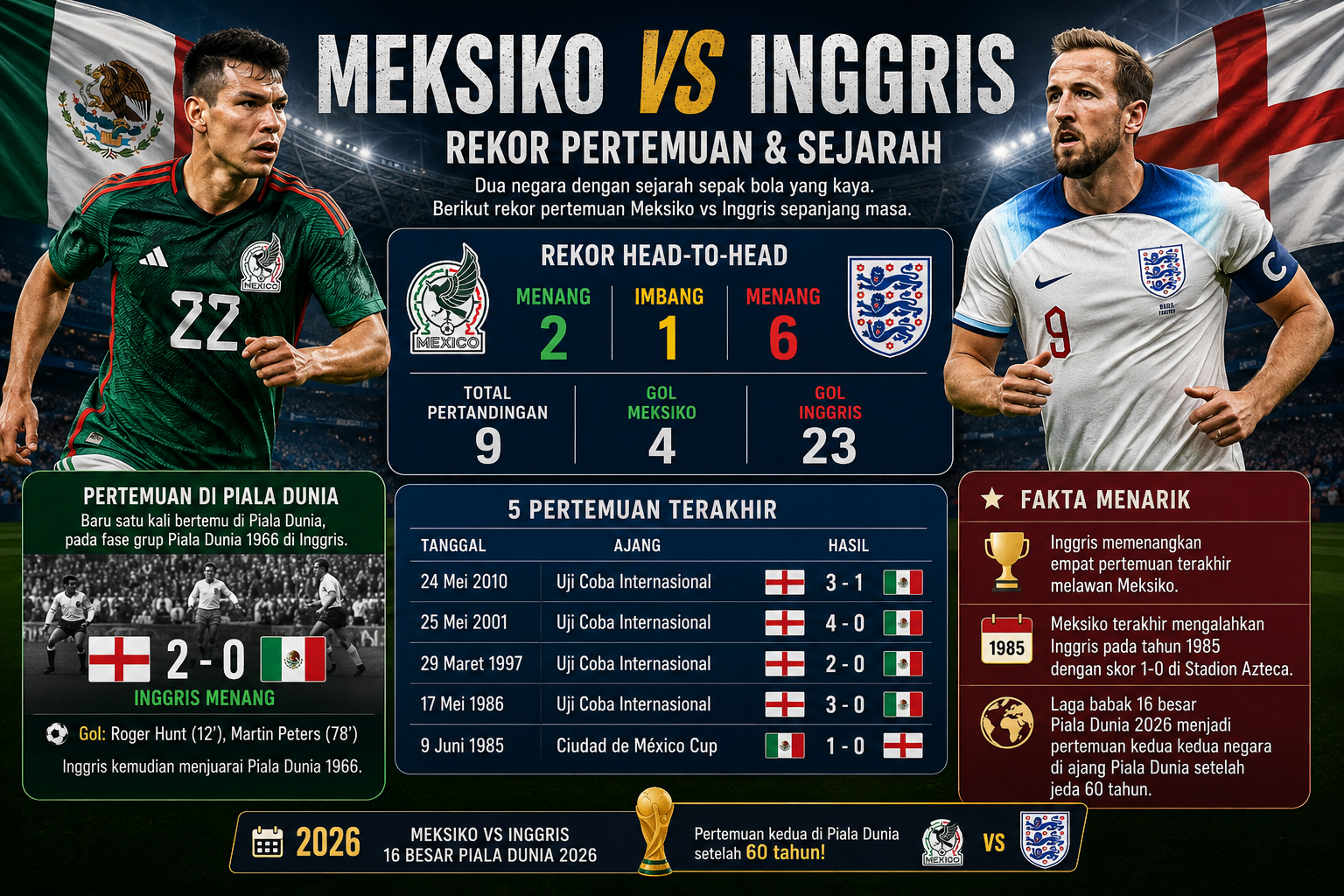 Rekor Pertemuan dan Sejarah Meksiko vs Inggris