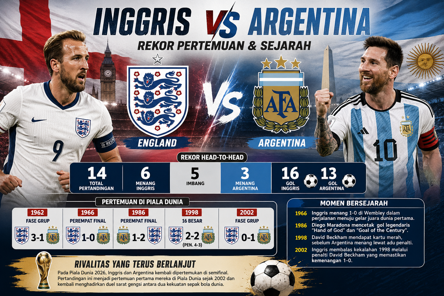 Rekor Pertemuan dan Sejarah Inggris vs Argentina