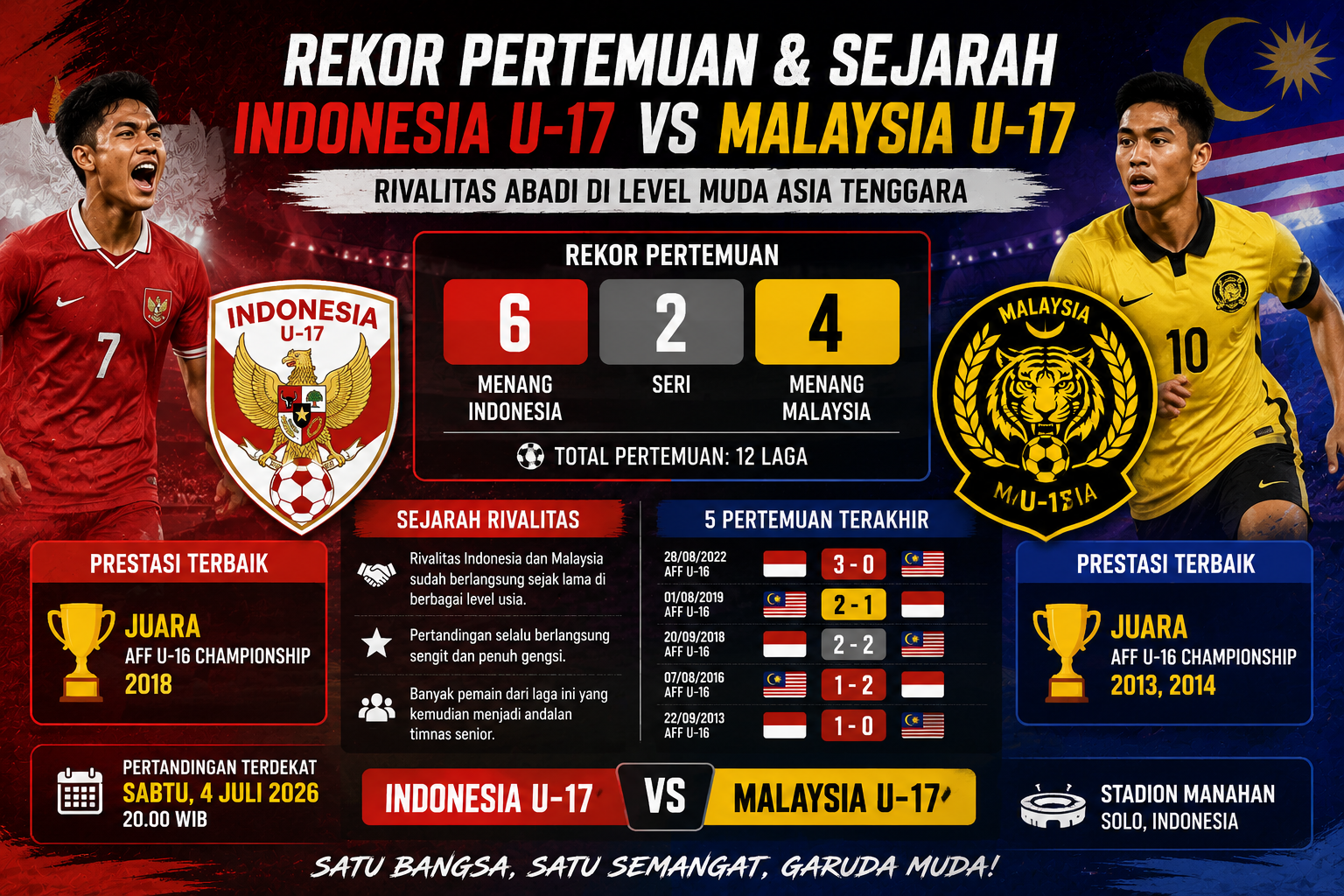 Rekor Pertemuan dan Sejarah Indonesia U-17 vs Malaysia U-17