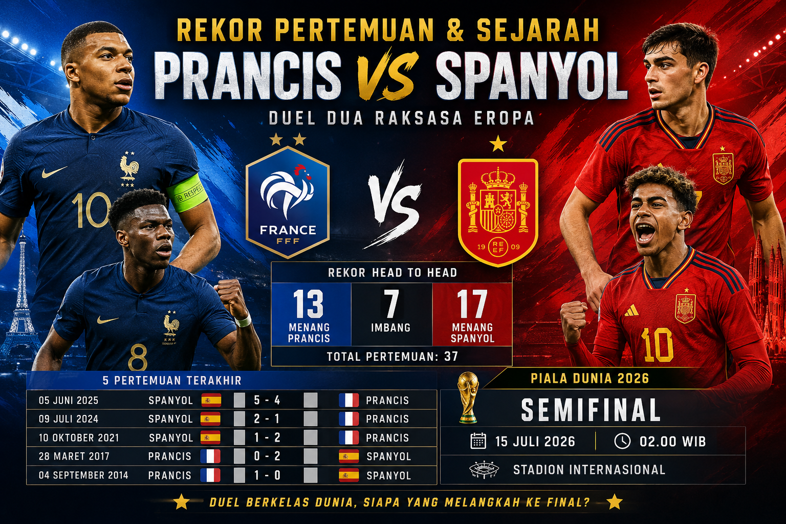Rekor Pertemuan dan Sejarah Prancis vs Spanyol