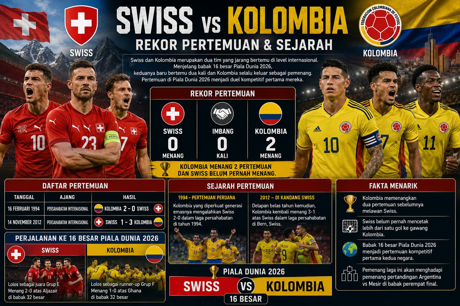 Rekor Pertemuan dan Sejarah Swiss vs Kolombia