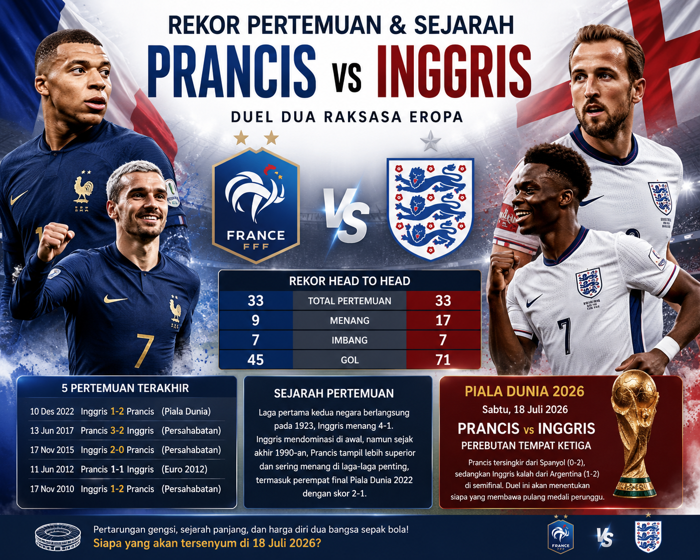 Rekor Pertemuan dan Sejarah Prancis vs Inggris