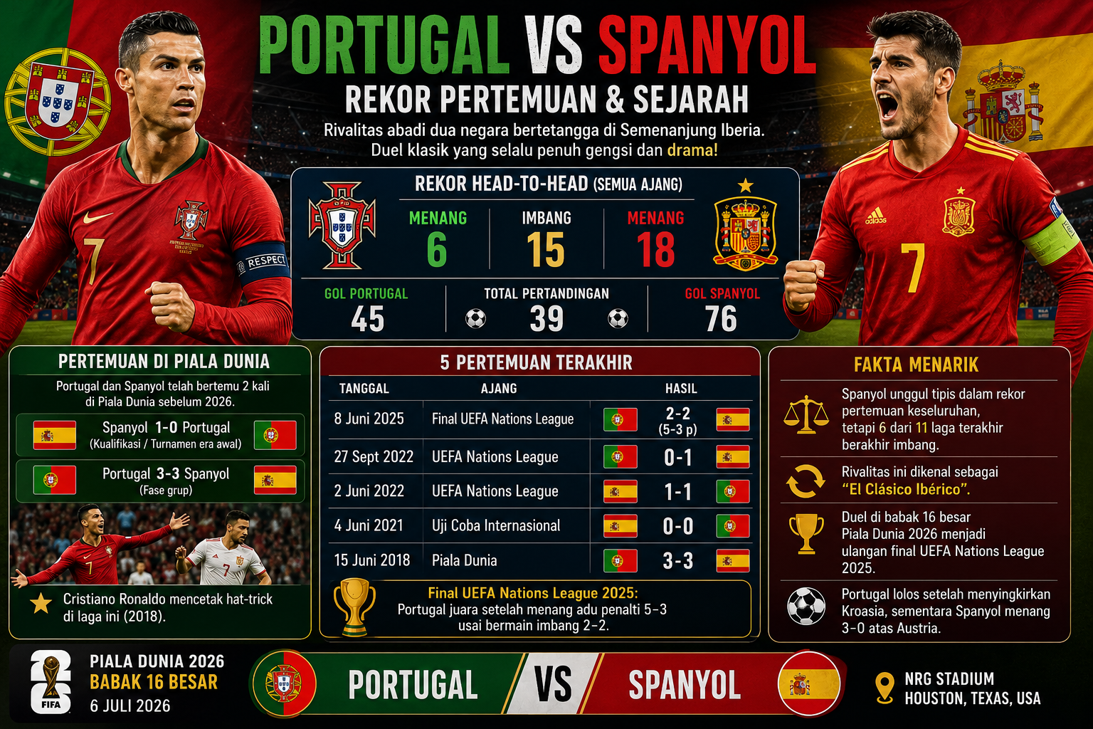 Rekor Pertemuan dan Sejarah Portugal vs Spanyol